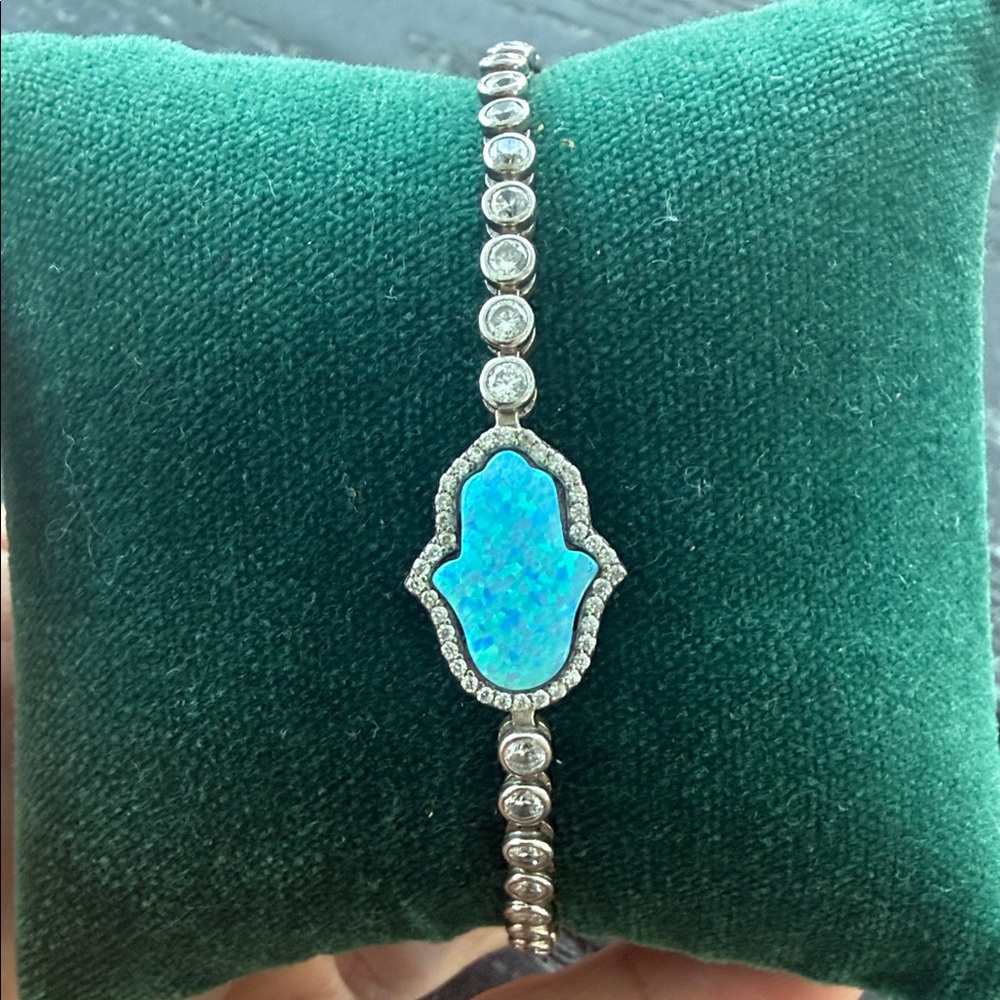 Sterling Silver Hamsa Blue Opal Bracelet